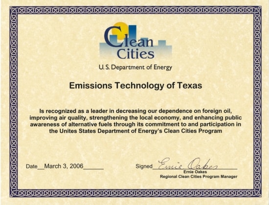 US Department of Energy Clean Cities recognition for Emissions Technology of Texas, March 3, 2006