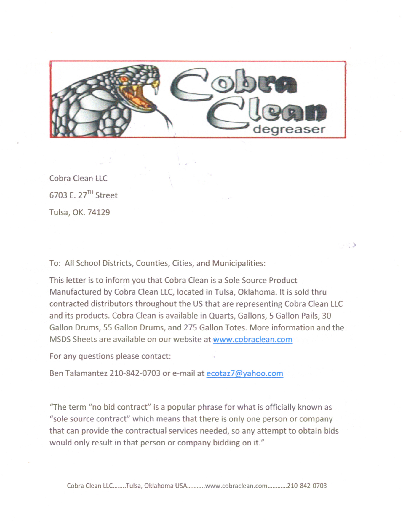 Cobra Clean Sole Source Letter